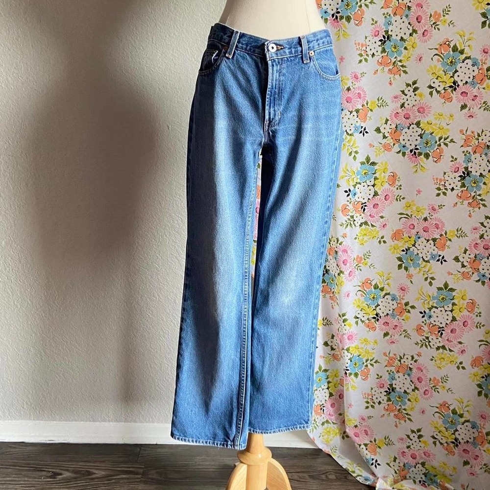 VINTAGE 90S 00S MEDIUM WASH MID RISE BOOT CUT BLUE JEANS size 8 reg